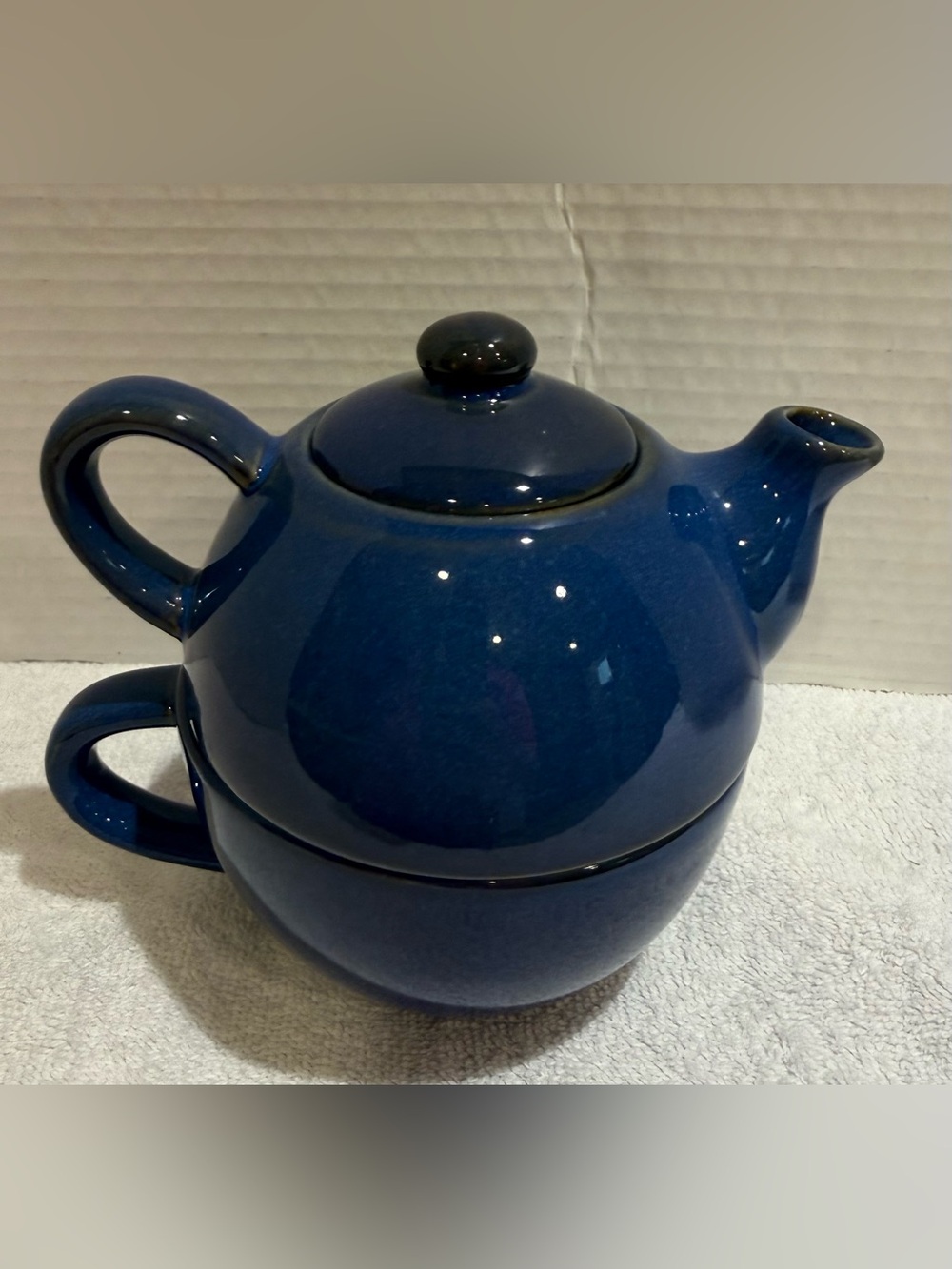 PIER 1 Blue Stoneware Tea for One Teapot W/Mug